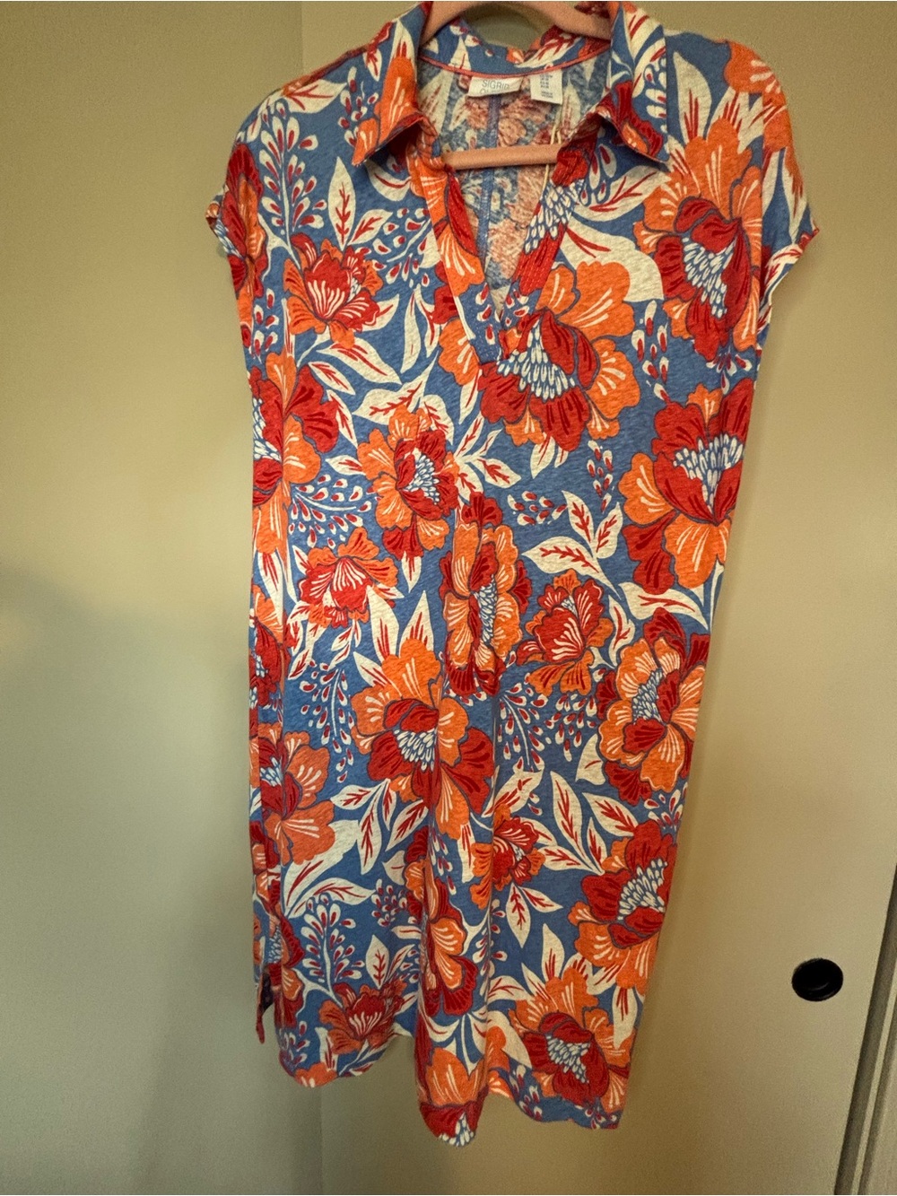 NWOT Sigrid Olsen Blue Linen Blend Dress with Orange & Red Floral Print Size M